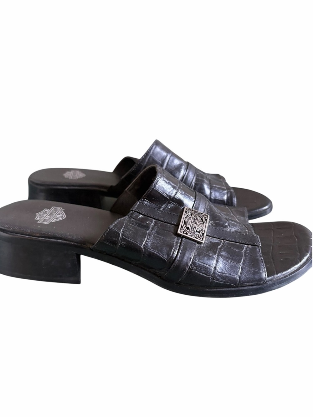 Harley-Davidson Women Size 8 Black Leather Sandals Block Heel Slide Croc Vintage